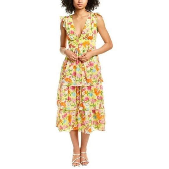 Banjanan Sierrea Dress Fiesta Buttercup Yellow Floral Tie Back Maxi L NWT $385 - Picture 1 of 5